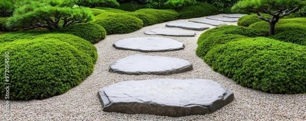 Fototapeta Stone pathway winding through a Japanese rock garden, bordered by carefully pruned pine trees and patches of soft, green moss