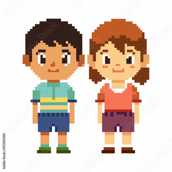 Fototapeta Colorful Pixel Art of a Boy and Girl Standing Side by Side