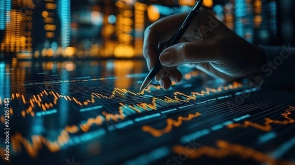 Fototapeta Close-up of a hand analyzing stock market data on a digital screen, highlighting trends and graphs in a financial setting.