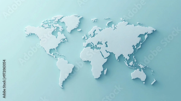 Fototapeta 3D world map rendered on a soft blue gradient background. The sleek design highlights global connectivity and simplicity, perfect for modern and clean visuals