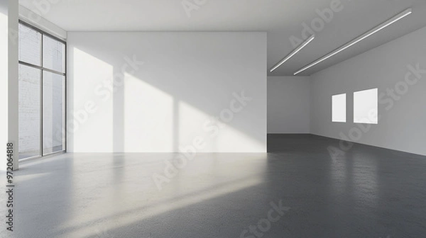 Obraz modern art gallery with sleek, bright interior, showcasing a large blank white wall as its centerpiece. The minimalist design highlights the potential for creative exhibitions or artwork presentations