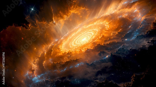 Fototapeta Cosmos, space and spiral universe galaxy on darkbackground with light, pattern and color glow solar system. Galaxy, infinity and planets in milky way