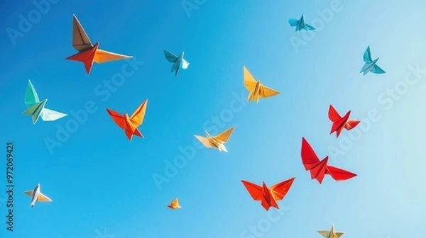 Fototapeta A flock of colorful origami birds fly in a clear blue sky.