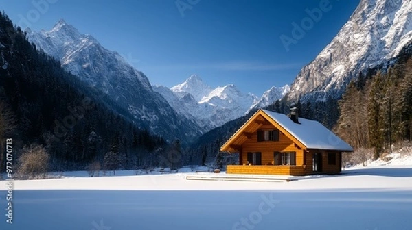 Obraz Winter Cabin in Snowy Mountain Landscape