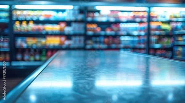 Obraz Closeup of a rectangular large table in a convenience store, coolers in the background. Generative AI.