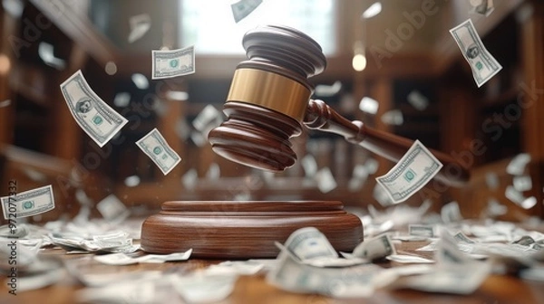 Fototapeta A wooden gavel hovers in the air, surrounded by money flying on an empty table inside a courtroom displaying the financial power in the trial