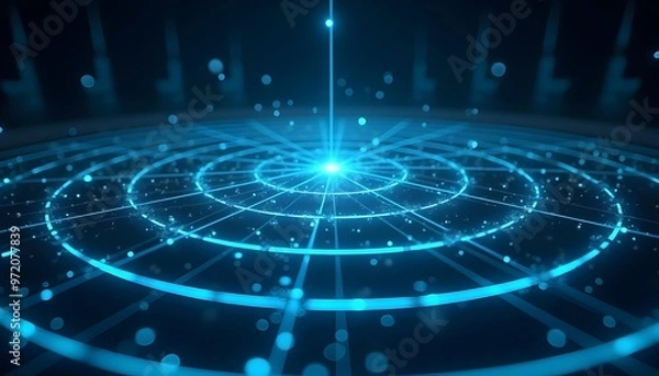 Obraz A futuristic radar or sonar display with concentric circles and lines radiating outward, creating a high-tech, sci-fi aesthetic