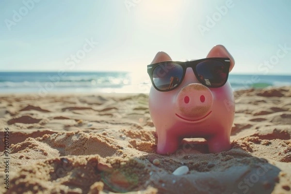 Fototapeta A pig wearing sunglasses is sitting on the beach, generative ai image