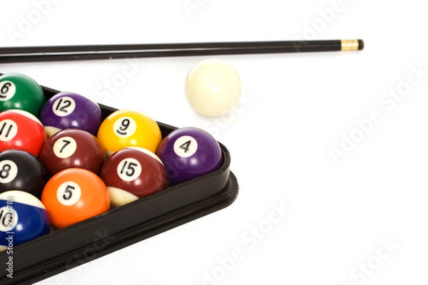 Fototapeta Billiard balls and a cue on white