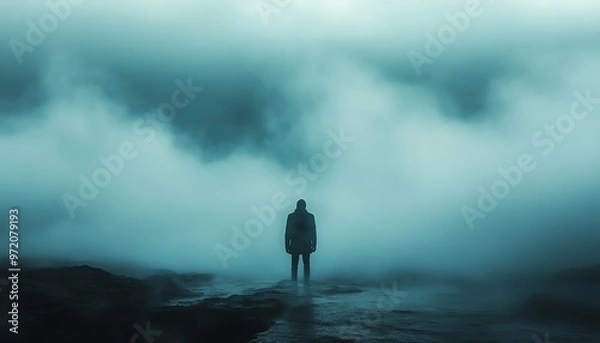 Fototapeta Fogfilled panoramic scene, dark and moody depiction of depression and loneliness, shadowy silhouettes, isolated figure, deep emotional tone