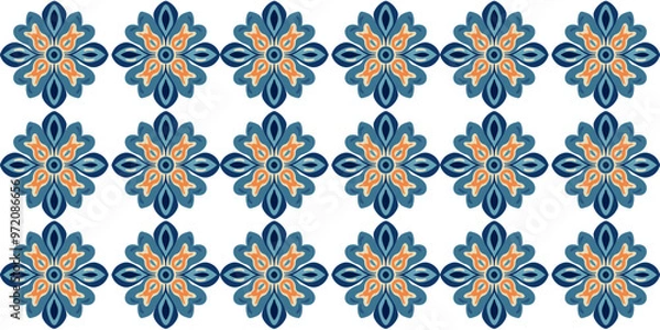 Fototapeta Floral ornament hand drawn seamless blue geometric tile pattern surface design, tiles,