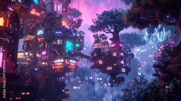 Fototapeta Neon Glowing Cityscape: Futuristic Treehouse Architecture