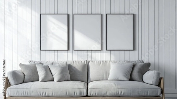 Obraz Minimalist Living Room Interior with Three Blank Frames