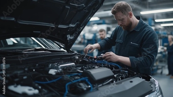 Fototapeta A mechanic inspects a car engine in a modern workshop, showcasing expertise and attention to detail in automobile maintenance.