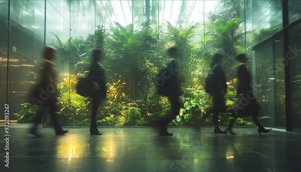 Fototapeta Generative AI scene, people in motion walking on green office space, motion blur, sustainable environment concept