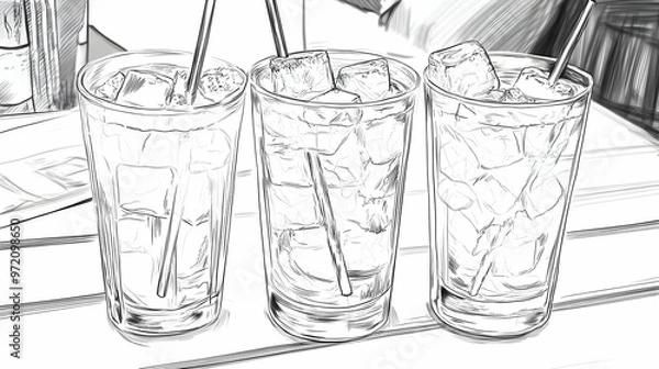 Fototapeta Sketch of Three Glasses with Ice and Straws