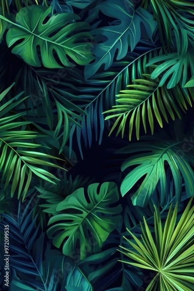 Fototapeta Green Leaves on Black Background