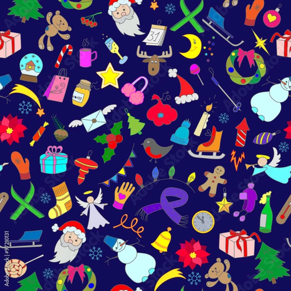 Fototapeta Seamless background with simple hand-drawn icons on the theme of winter holidays