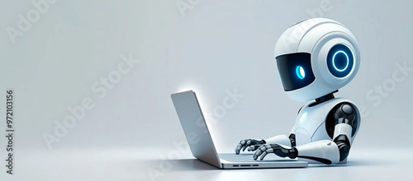 Fototapeta Robot chat bot is using computer laptop, copy space for text, banner. Digital background, futuristic smart technology concept, control by artificial intelligence