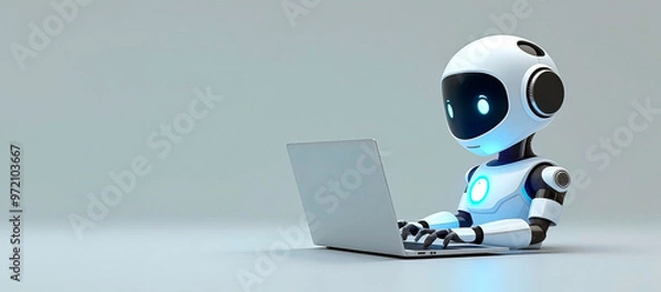 Fototapeta Robot chat bot is using computer laptop, copy space for text, banner. Digital background, futuristic smart technology concept, control by artificial intelligence
