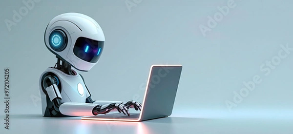 Fototapeta Robot chat bot is using computer laptop, copy space for text, banner. Digital background, futuristic smart technology concept, control by artificial intelligence
