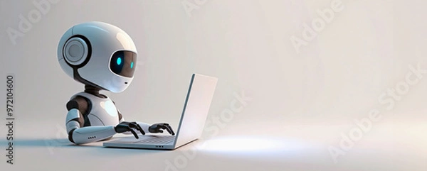 Fototapeta Robot chat bot is using computer laptop, copy space for text, banner. Digital background, futuristic smart technology concept, control by artificial intelligence