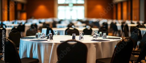 Fototapeta Conference Room Ready: A pristine and well-appointed conference room, with rows of perfectly set tables and chairs, awaits the arrival of attendees. The soft lighting and elegant decor create a welcom
