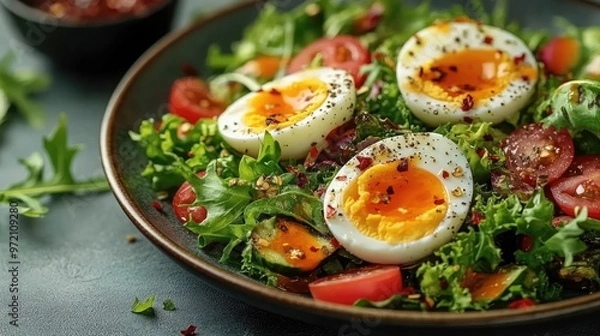 Obraz Fresh salad with lettuce, eggs, tomatoes and hot sauce being prepared on plate