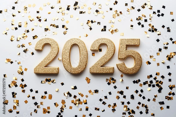 Fototapeta Golden 2025: A celebratory backdrop of golden confetti surrounds the year 2025, sparkling with anticipation and promise of a bright new year. 
