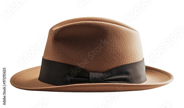 Fototapeta Brown fedora hat with ribbon on transparent background with copy space for text.