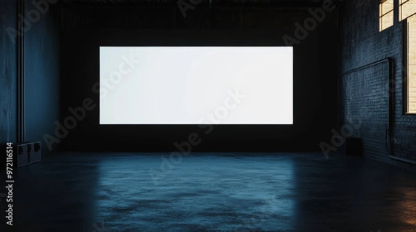Fototapeta Blank Canvas in a Darkened Warehouse: A large blank projection screen dominates a stark, industrial space, bathed in a cool blue light, offering endless possibilities for projection, display, or creat