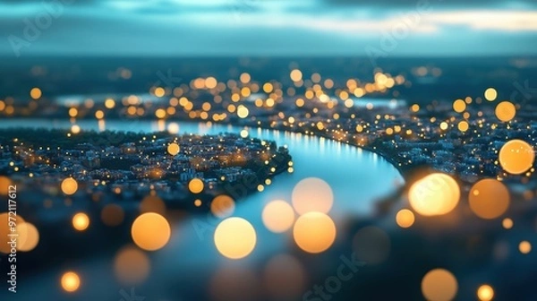 Fototapeta An aerial view of a city at night, with the twinkling lights of homes and businesses forming a mesmerizing tapestry.
