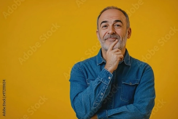 Fototapeta Middle aged man in denim shirt pondering with doubt expression.