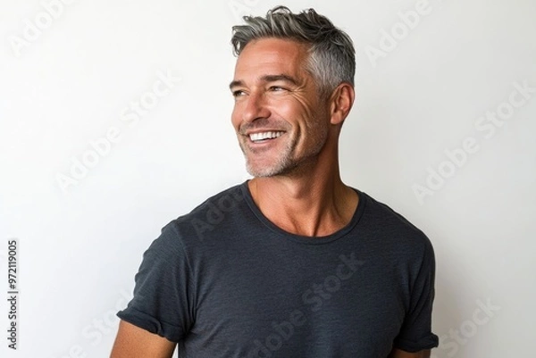 Fototapeta Confident middle aged man smiling in casual attire.