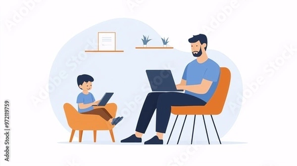 Fototapeta Father and Son, Working from Home: A heartwarming illustration depicting a father and son, each engrossed in their respective devices, symbolizing the challenges and joys of working from home during m