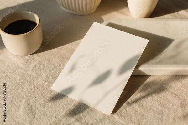 Fototapeta A blank piece of card on a table with ceramics, a cup of black coffee in sunlight.