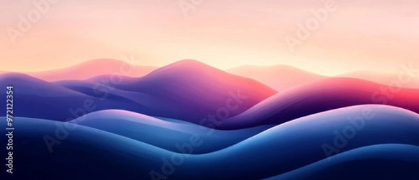 Fototapeta Dreamy Sunset Hues: A surreal landscape of rolling hills bathed in a vibrant sunset glow. The soft, abstract shapes evoke a sense of tranquility and wonder.  The colors are a blend of pink, blue, and 