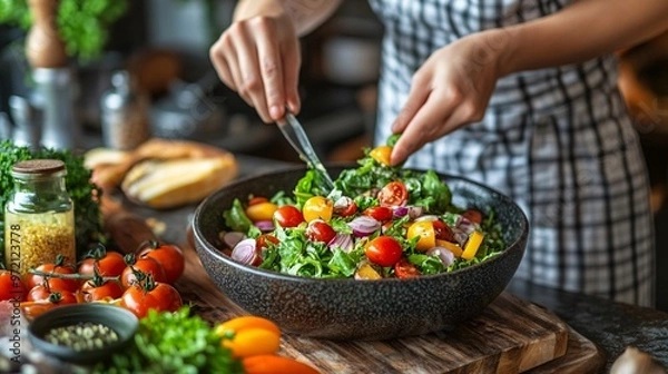 Obraz Food influencer preparing a vibrant salad in a rustic kitchen setting with warm lighting Focus on fresh ingredients and hands in action capturing the art of meal preparation Large space for text in