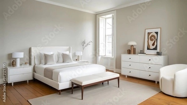 Fototapeta White minimal living room design. white color wall , white ceiling, white minimal sofa against white wooden bookshelf, white interior lightened .Modern living room. Minimalist interior design. Japan