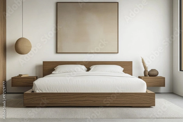 Fototapeta Modern bedroom with an elegant low profile bed, minimalist decor window lighting and ample copyspace. Stylish resting interiors composition.