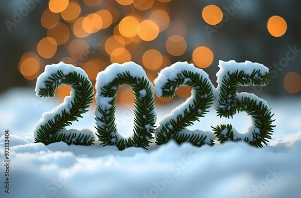 Fototapeta 2025 new year is made from Christmas trees spruce branches. spruce branches are soft and fluffy, covered with snow, atmospheric spruce needles, natural, blurred bokeh golden background