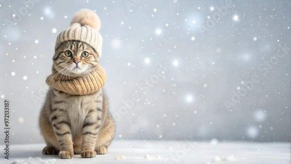 Fototapeta Cat wearing a winter hat and scarf sitting in snow with falling snowflakes

