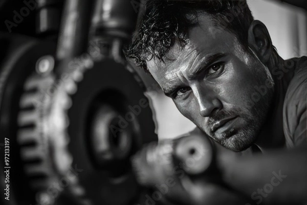 Fototapeta Close-up Portrait of a Focused Man Working on a Mechanical Part