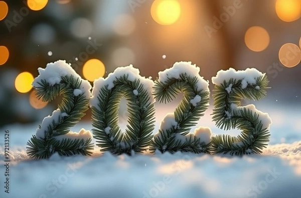 Fototapeta 2025 new year is made from Christmas trees spruce branches. spruce branches are soft and fluffy, covered with snow, atmospheric spruce needles, natural, blurred bokeh golden background