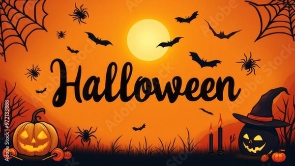 Fototapeta Halloween theme frame with the text in the middle, orange background, black spiders, web, bats, pumpkin, witch hat, candies, candles