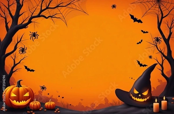 Fototapeta Halloween theme frame with space for text in the middle, orange background, black spiders, web, bats, pumpkin, witch hat, candies, candles