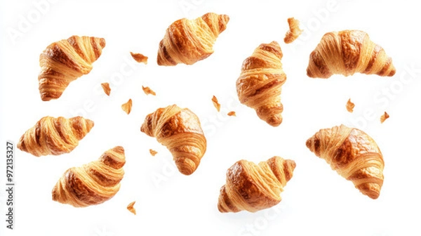 Fototapeta Freshly baked croissants are depicted floating in mid-air against a white background. The French pastry croissants, representing bakery-fresh breads, appear to be suspended, highlighting their flaky a