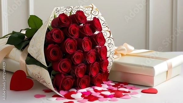 Fototapeta A bouquet of vibrant red roses wrapped in elegant paper, sitting on a bed of heart-shaped confetti, ready to be given as a Valentine’s Day gift