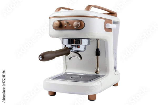 Obraz Modern espresso machine with sleek design and brown accents, perfect for brewing fresh coffee at home or in cafes.