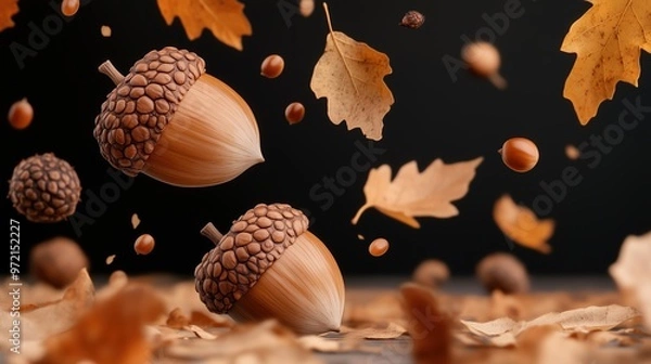 Fototapeta Close-up of Acorns and Autumn Leaves in Mid-Air Against a Dark Background, Capturing the Essence of Fall with Floating Oak Nuts and Golden Foliage